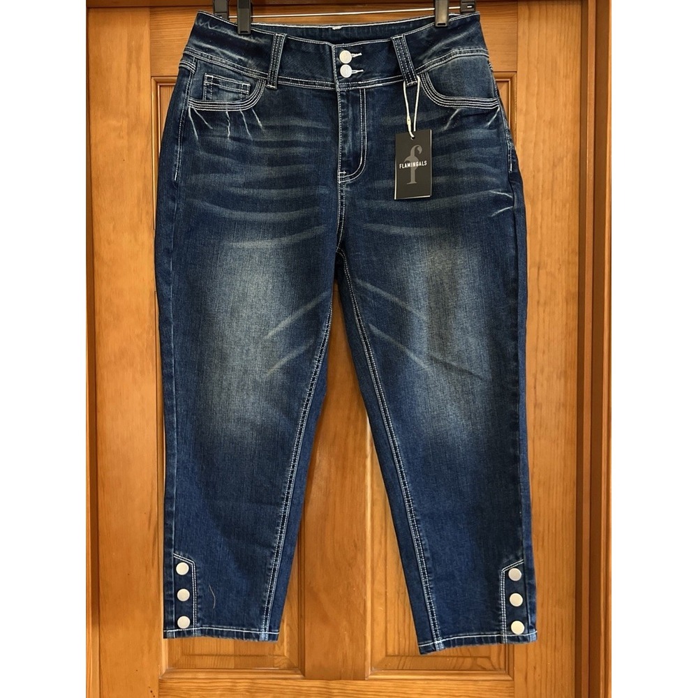 Flamingals Women's Capris Buttons Hem Jeans Sz XL